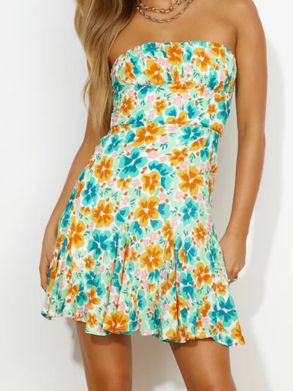 Selfie Leslie Orange Green White Floral Strappless Mini Dress Small